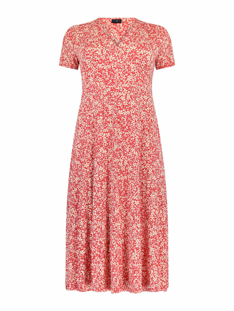 Red Ditsy Print Wrap Jersey Midi Dress