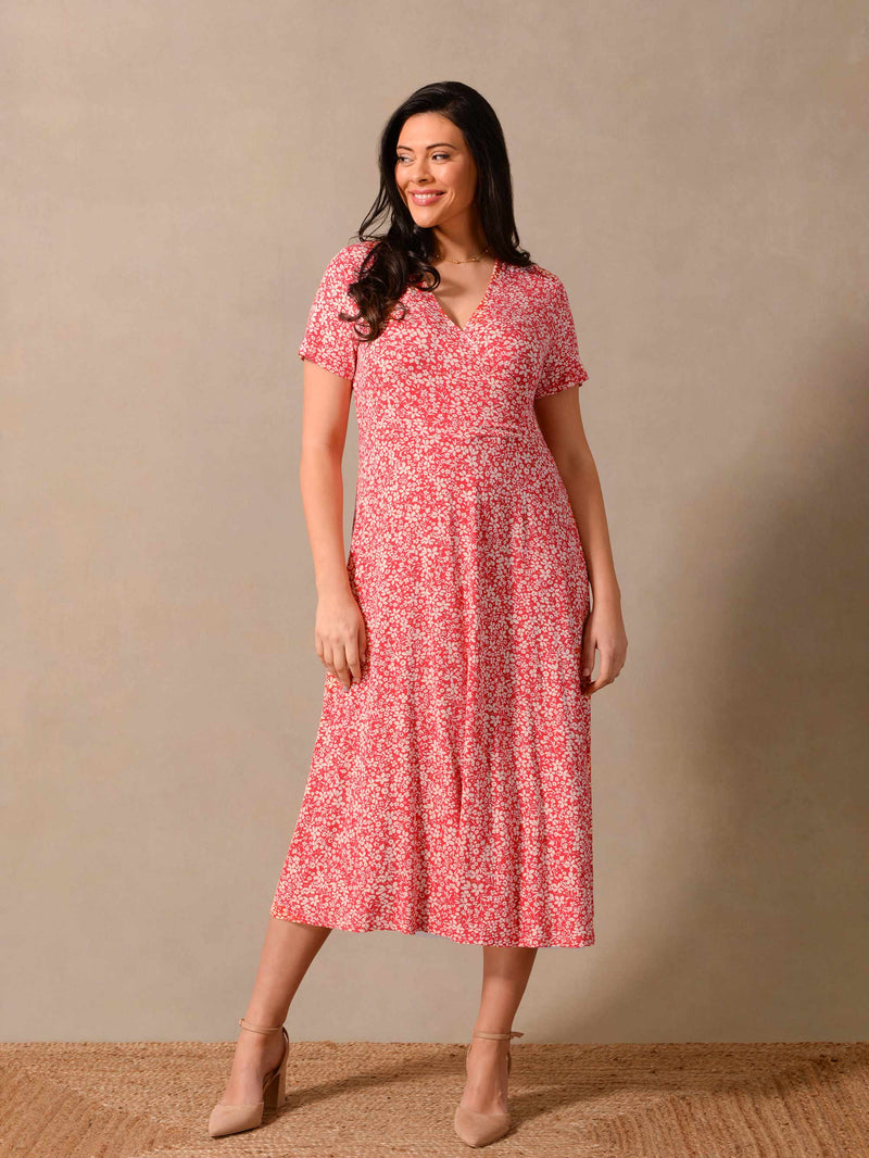 Red Ditsy Print Wrap Jersey Midi Dress