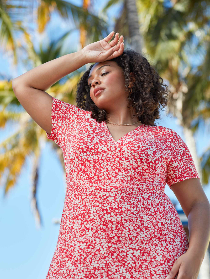Red Ditsy Print Wrap Jersey Midi Dress