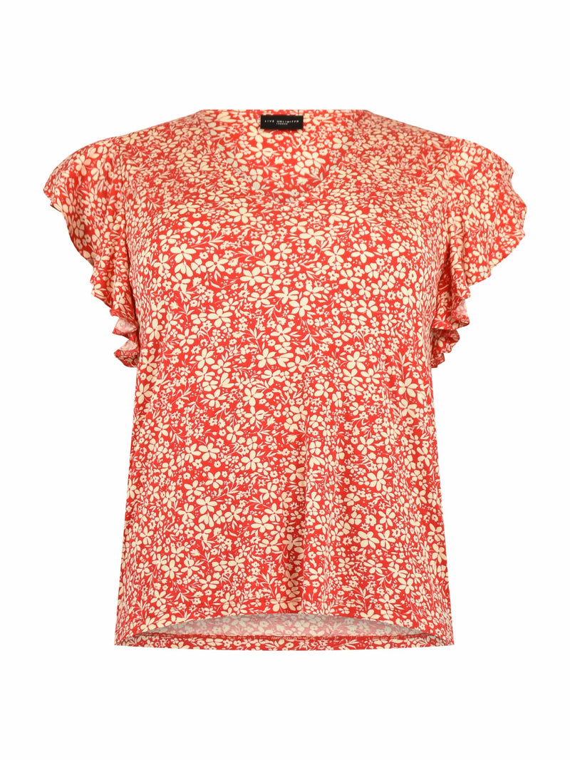 Red Ditsy Print Frill Sleeve Jersey Top