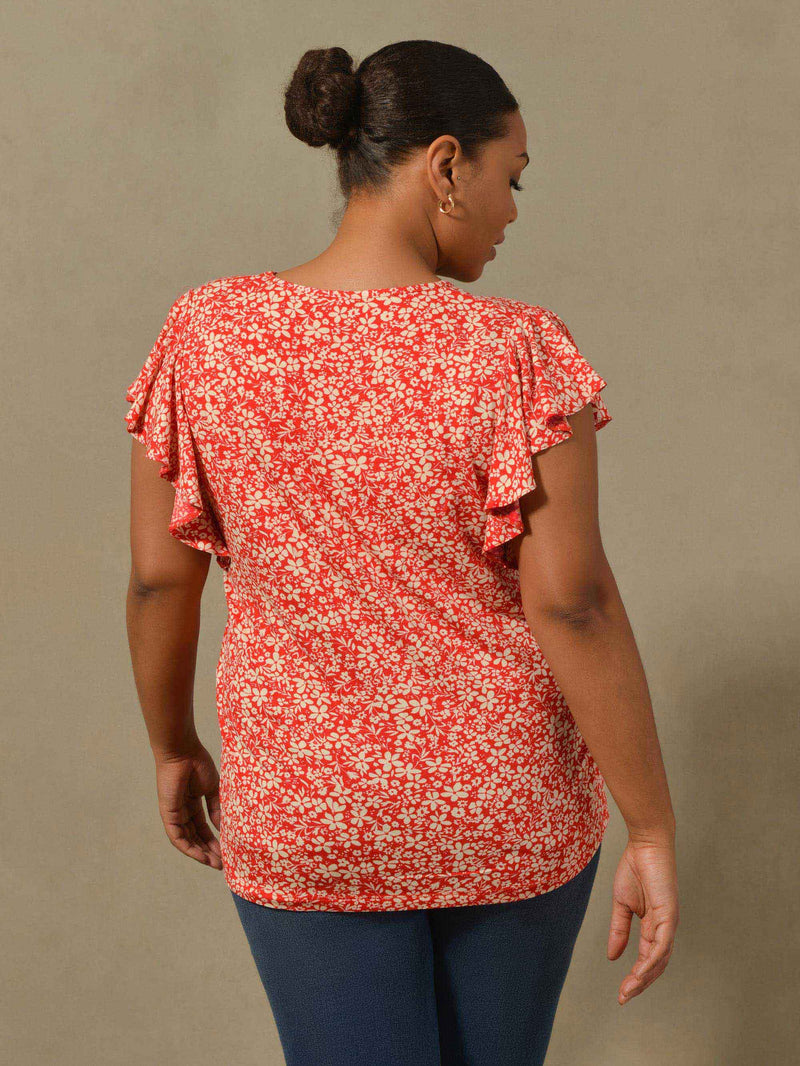 Red Ditsy Print Frill Sleeve Jersey Top