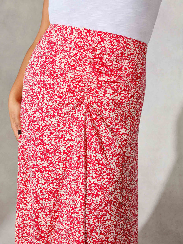 Red Ditsy Ruched Front Jersey Midi Skirt