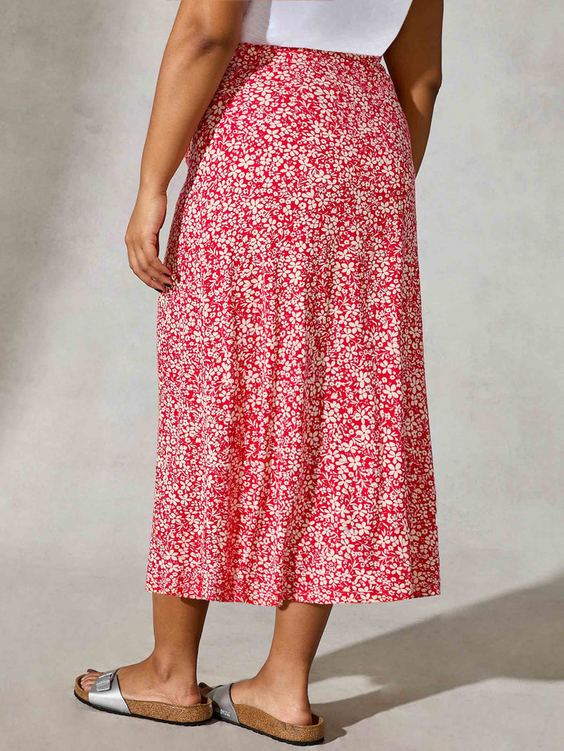 Red Ditsy Ruched Front Jersey Midi Skirt