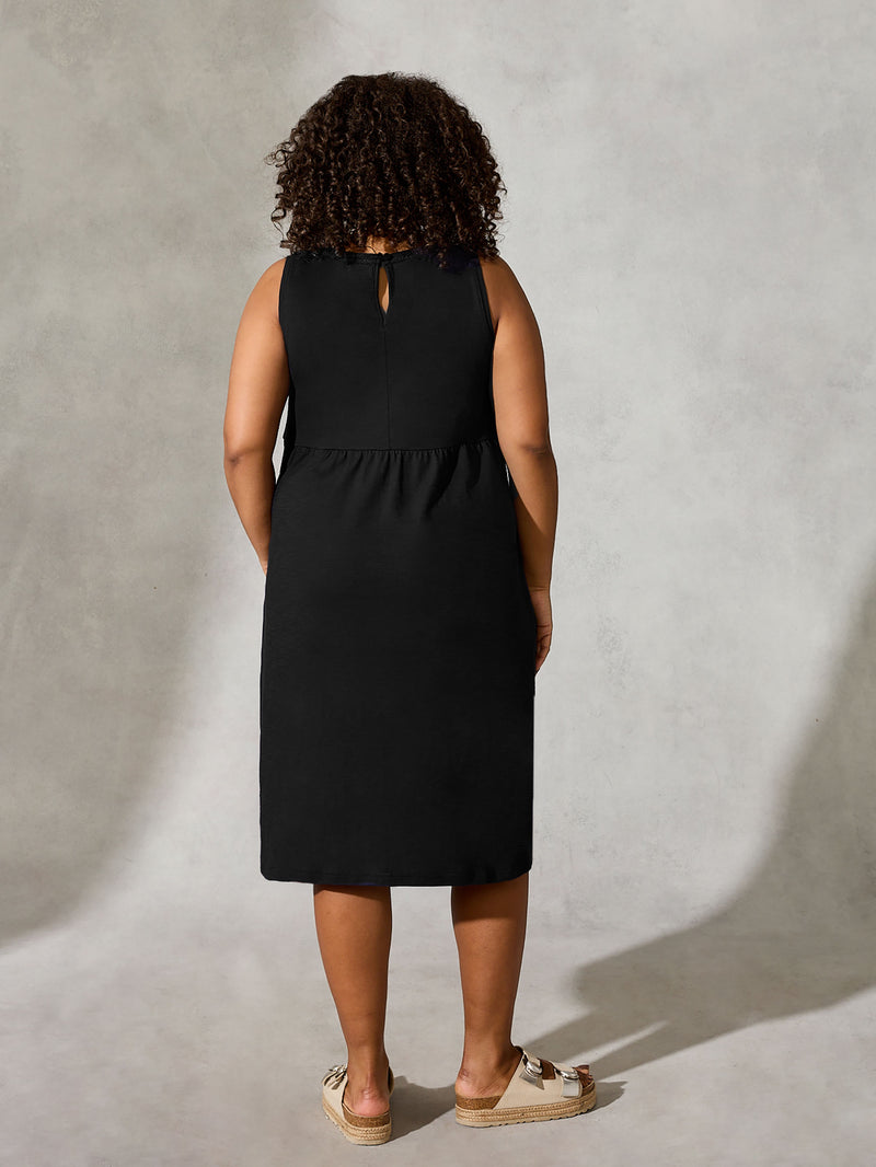 Black Textured Empire Midi Jersey Dress