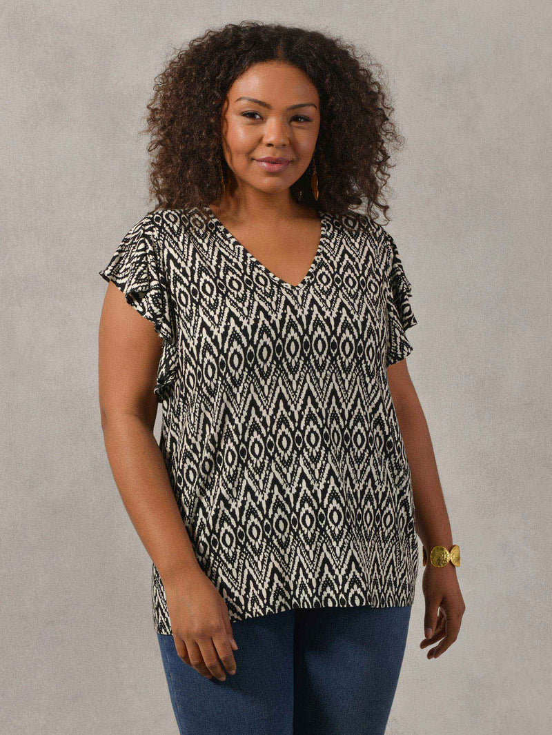 Mono Aztec Print Frill Sleeve Jersey Top