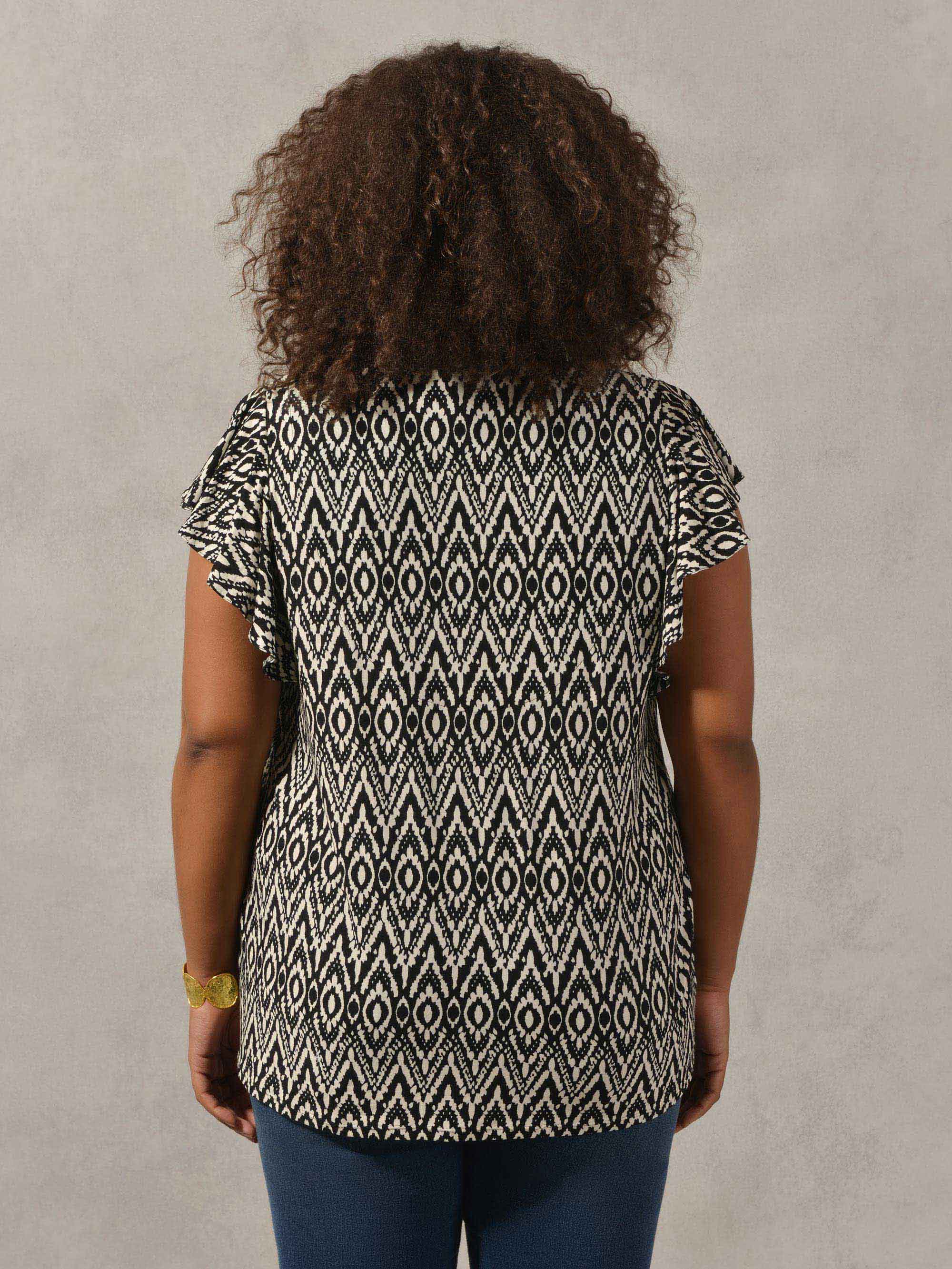 Mono Aztec Print Frill Sleeve Jersey Top