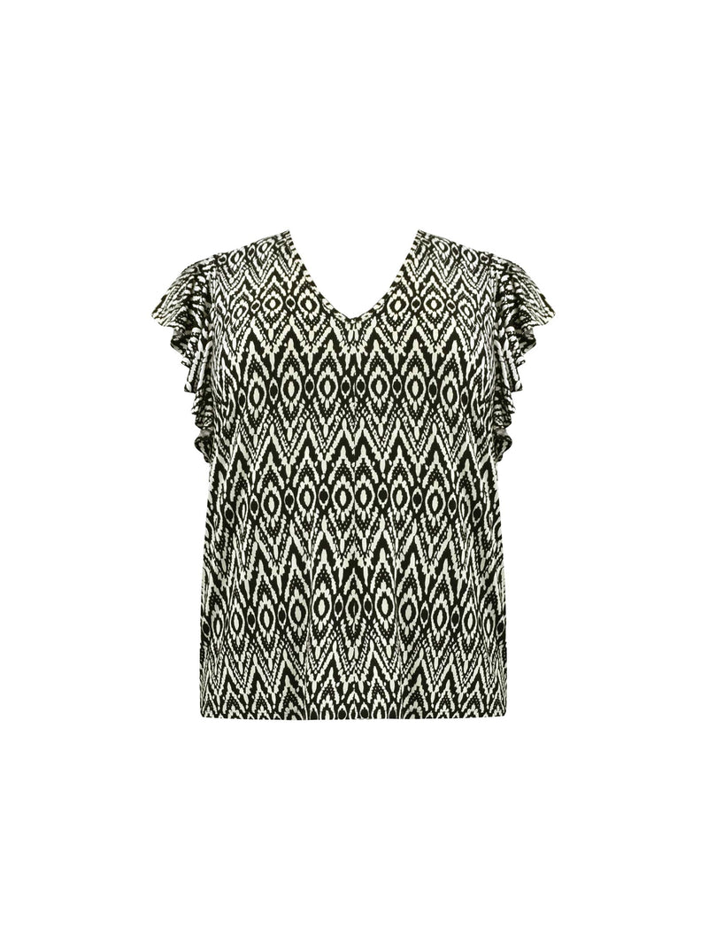 Mono Aztec Print Frill Sleeve Jersey Top