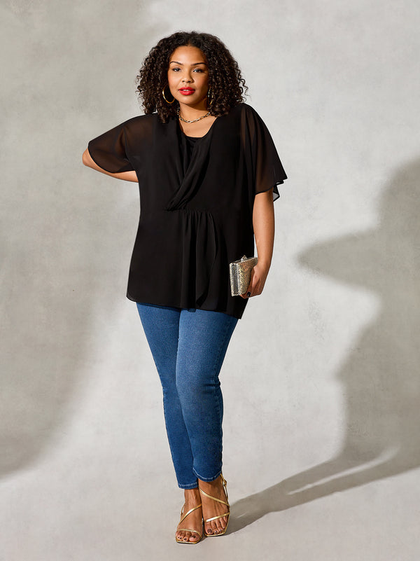 Black Gathered Wrap Chiffon Blouse