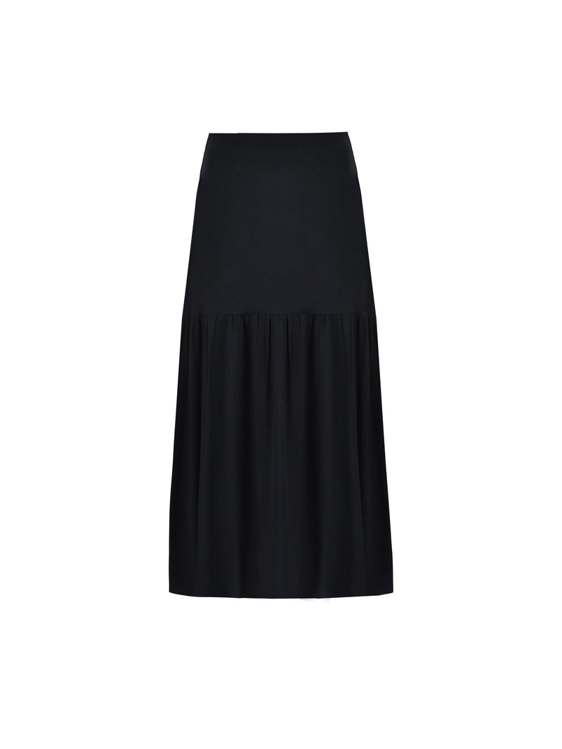 Black Tiered Pull-On Midi Skirt