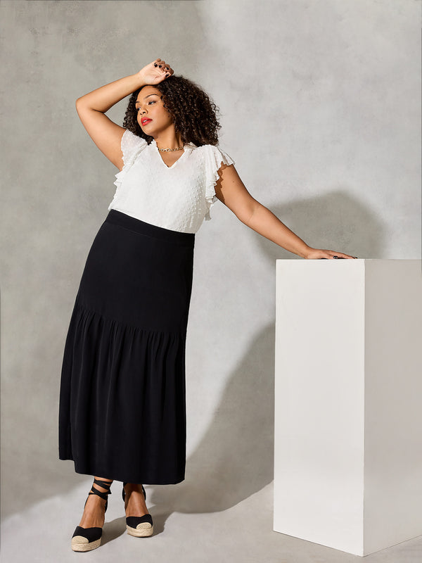 Black Tiered Pull-On Midi Skirt