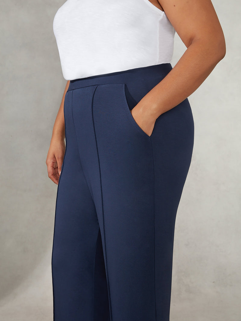 Navy Cropped Pull-On Jersey Trouser