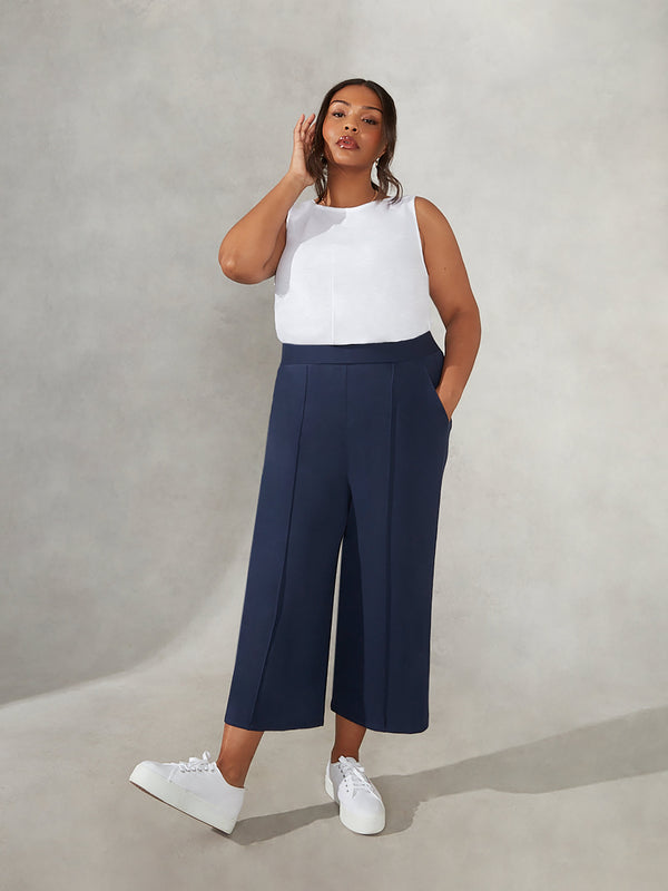 Navy Cropped Pull-On Jersey Trouser