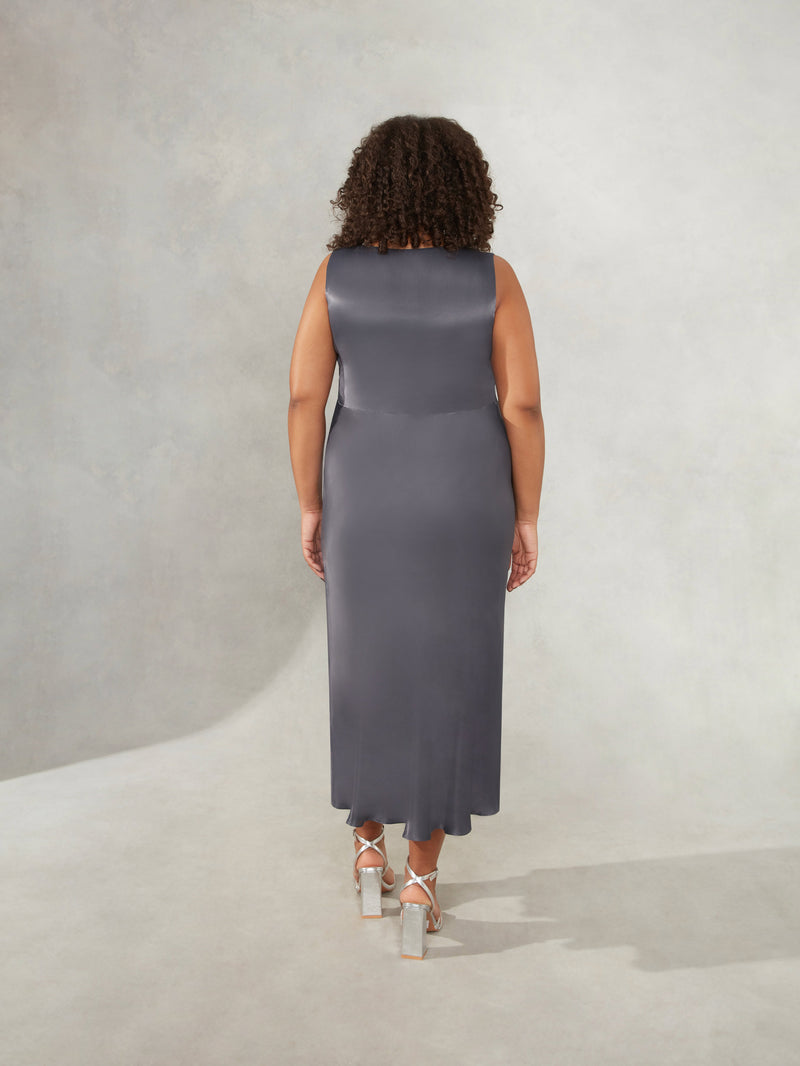 Grey Satin Bias Cut Empire Line Midaxi Dress