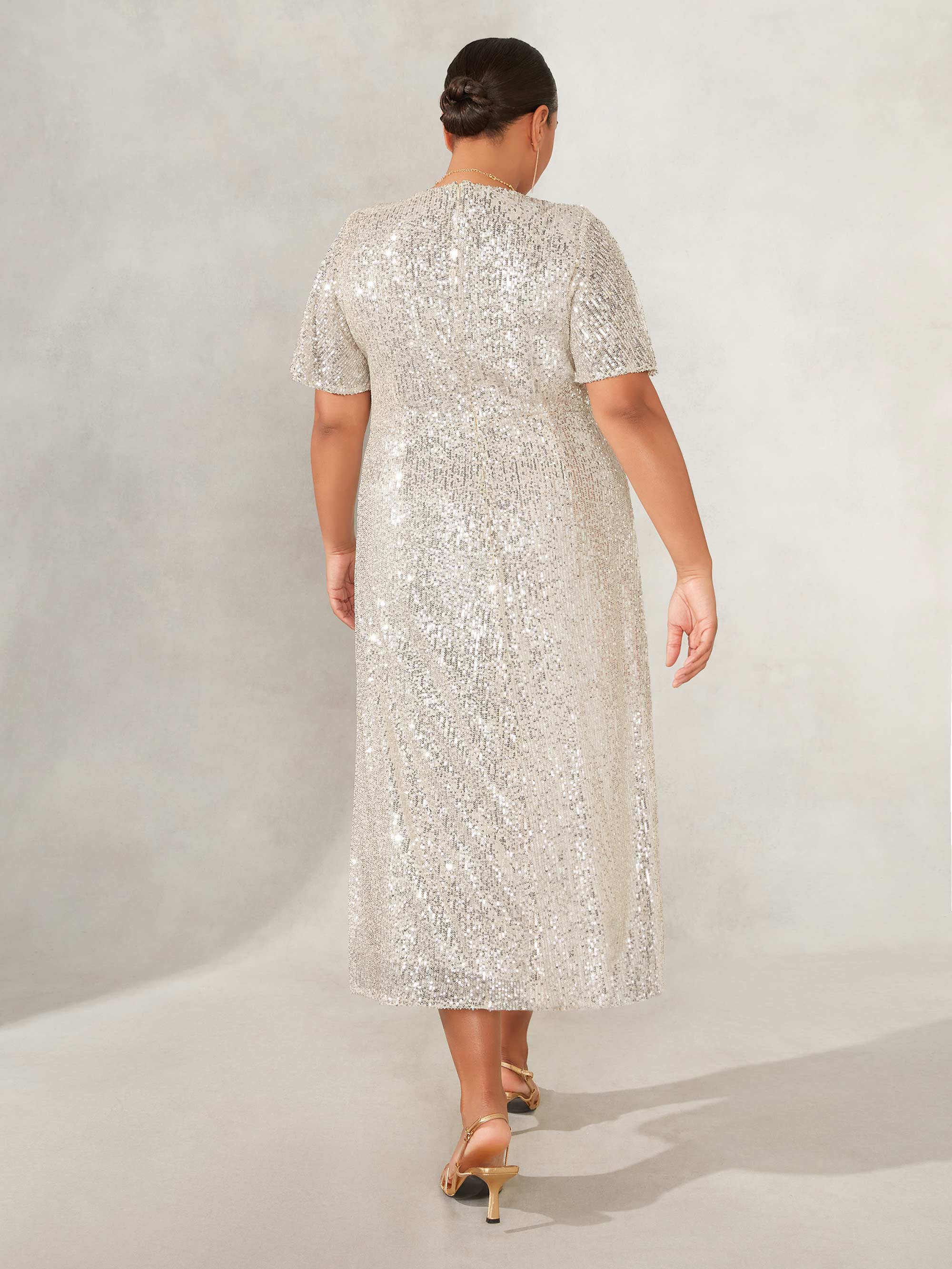 Champagne Sequin Ruched Front Sequin Midaxi Dress