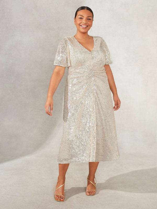 Champagne Sequin Ruched Front Sequin Midaxi Dress