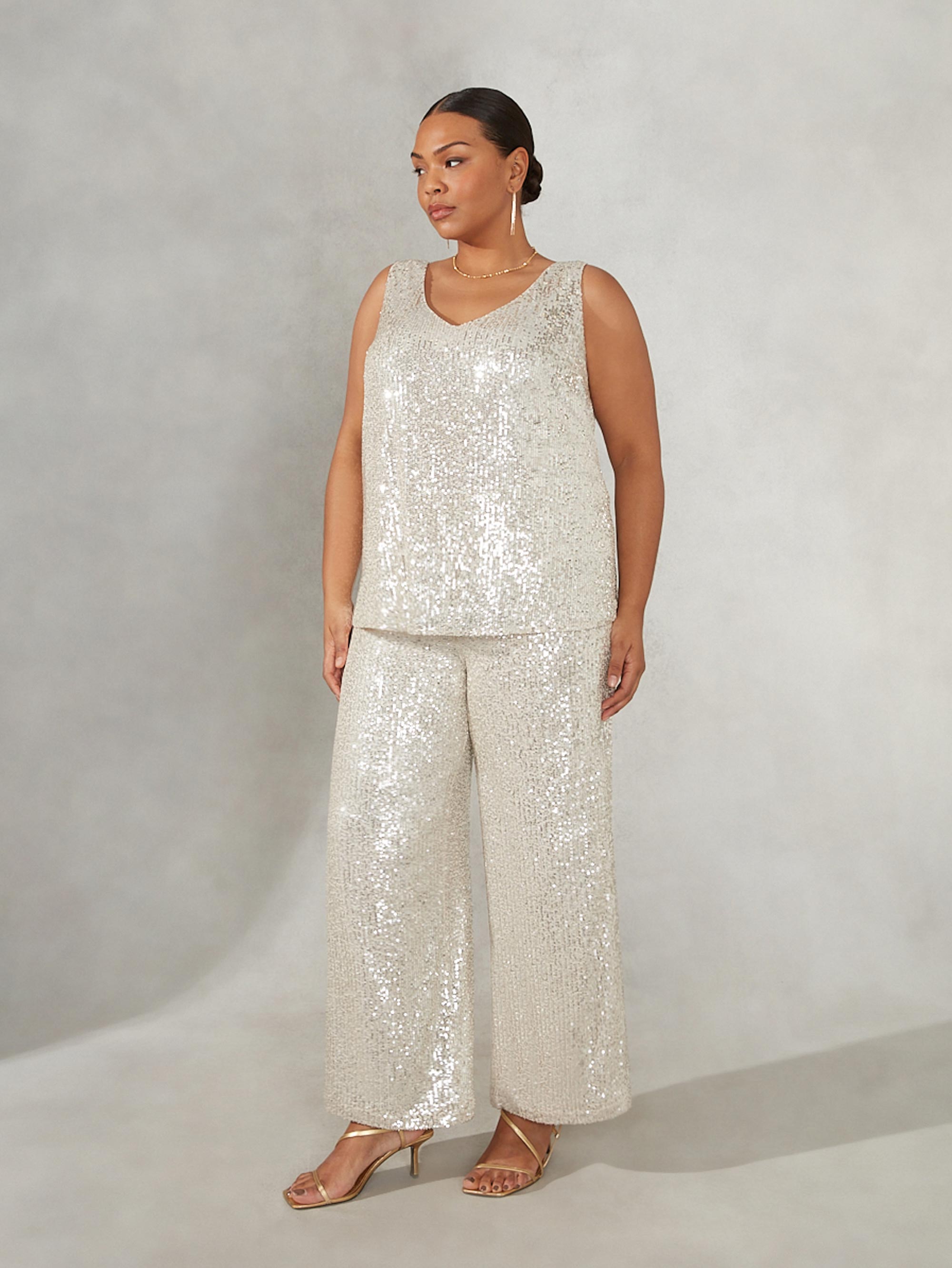 Champagne Sequin Stretch Wideleg Trouser