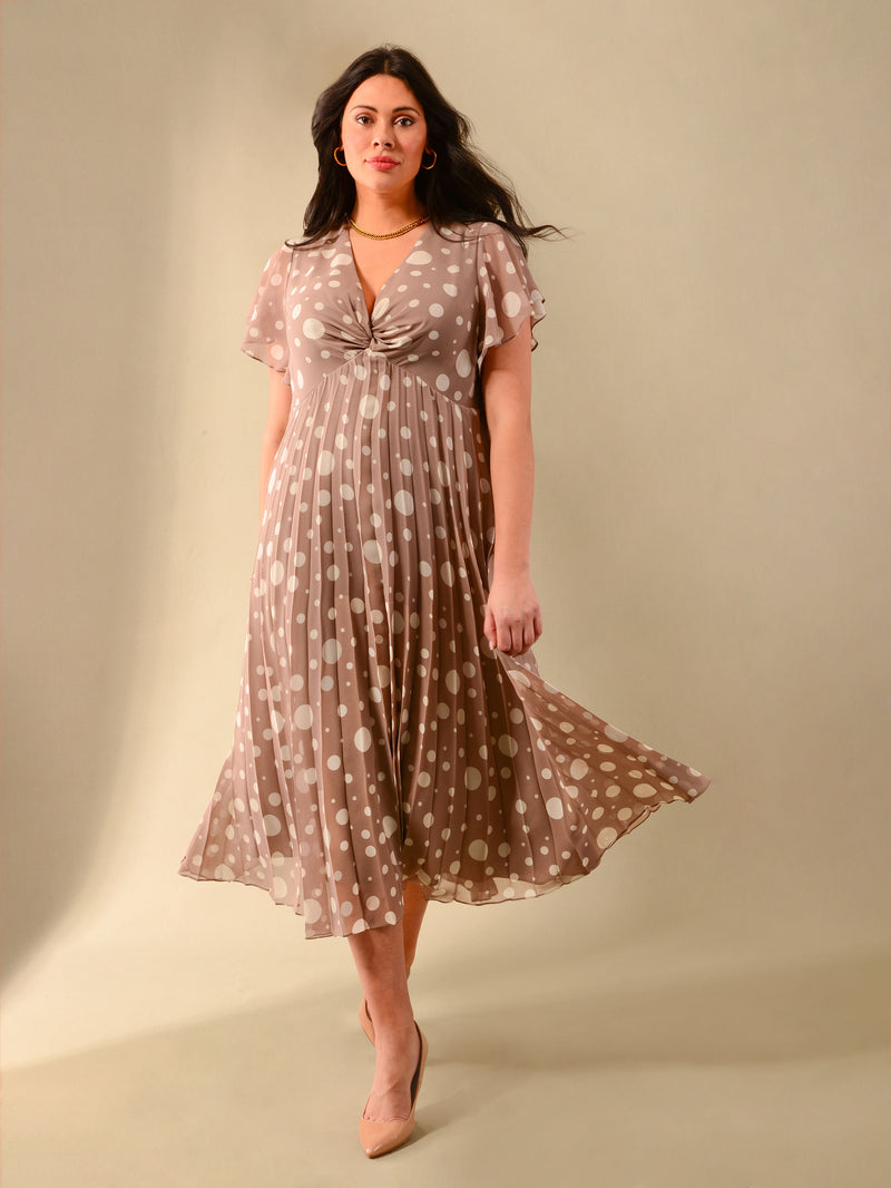 Stone & Ivory Spotted Knot Front Pleat Dress