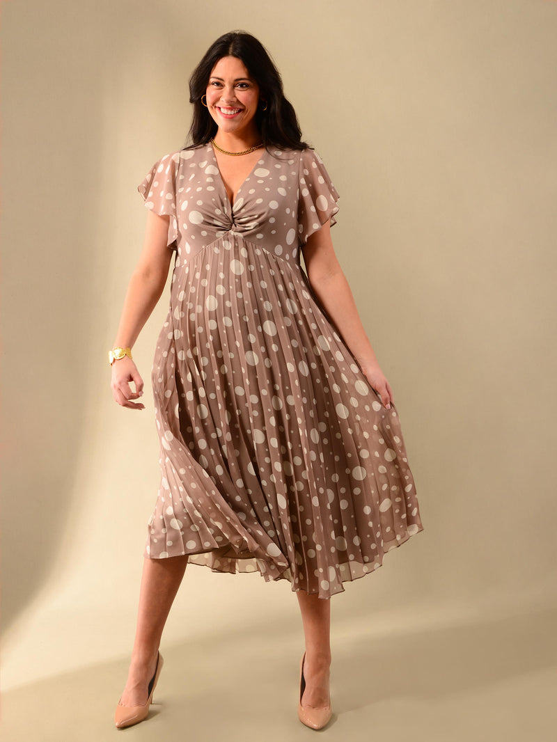 Stone & Ivory Spotted Knot Front Pleat Dress