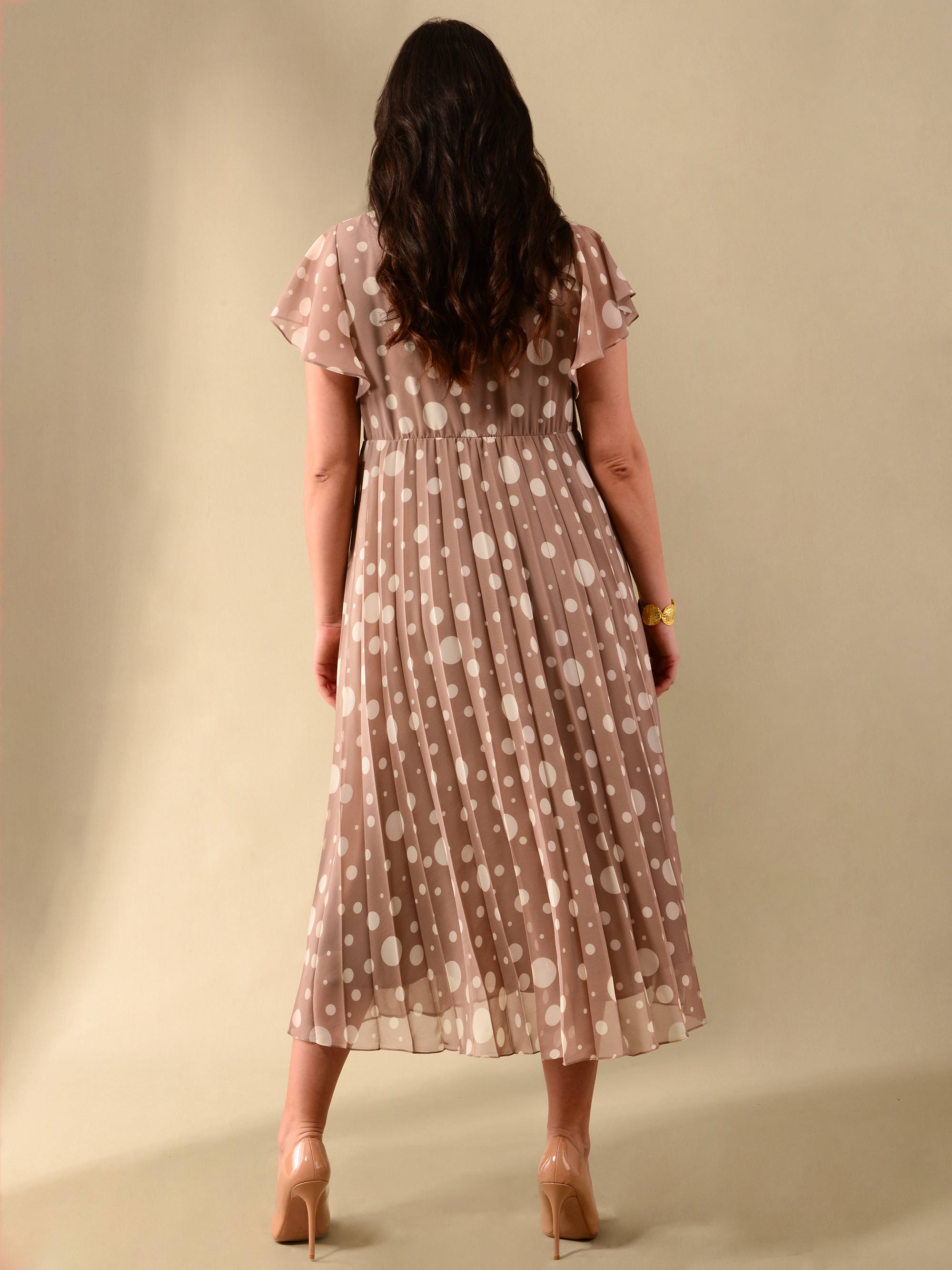 Stone & Ivory Spotted Knot Front Pleat Dress