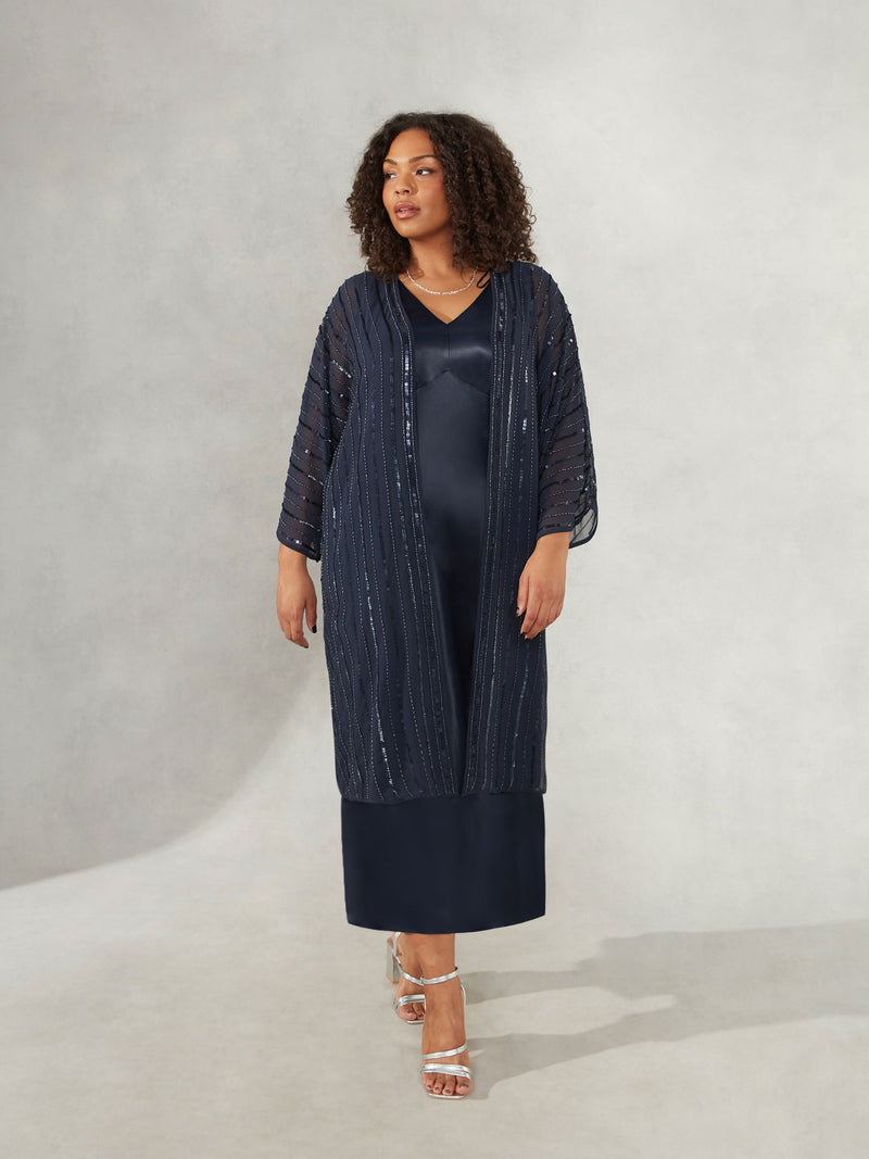 Navy Satin Bias Cut Empire Line Midaxi Dress