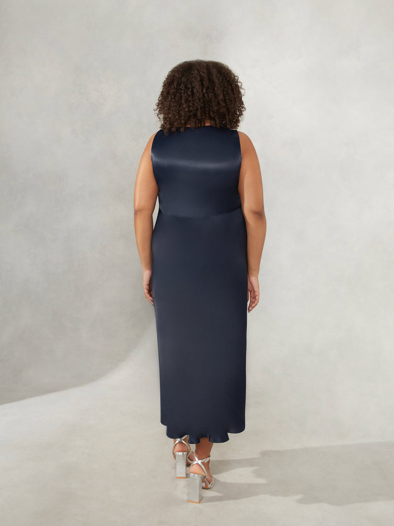Navy Satin Bias Cut Empire Line Midaxi Dress