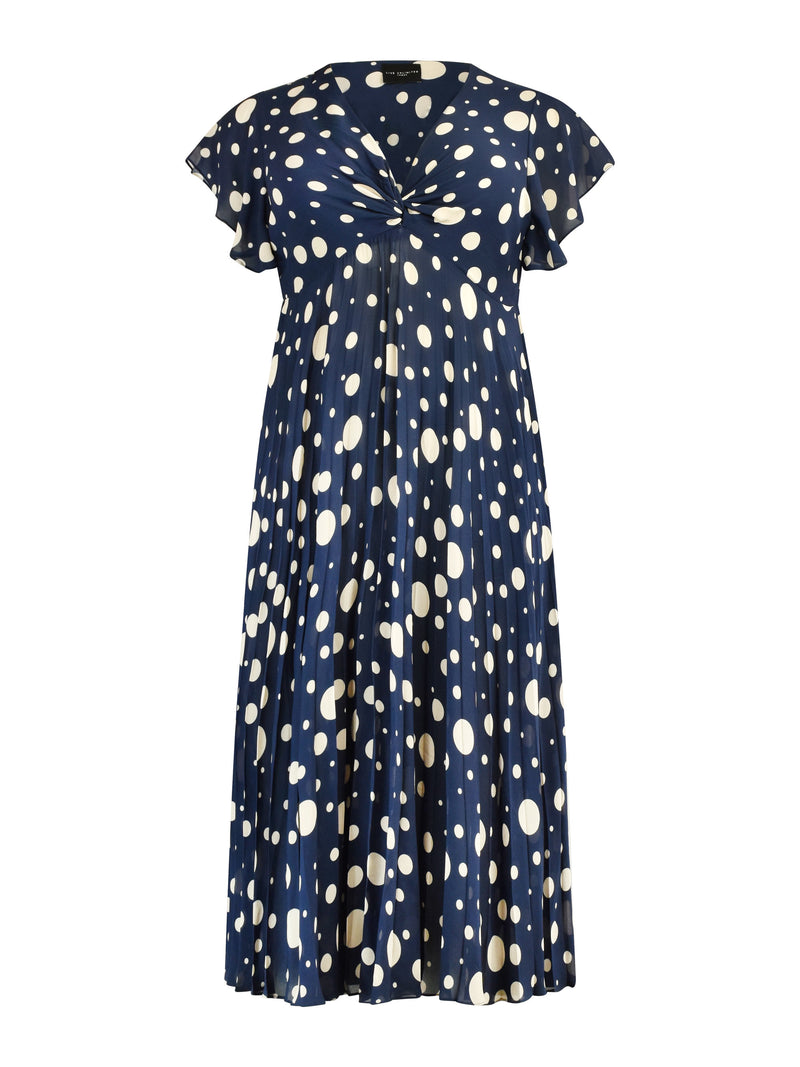 Navy & Ivory Spotted Knot Front Pleat Dress