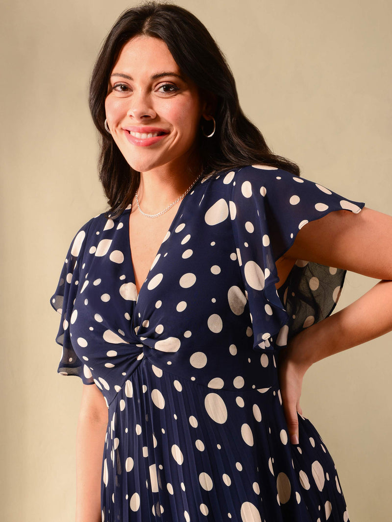 Navy & Ivory Spotted Knot Front Pleat Dress