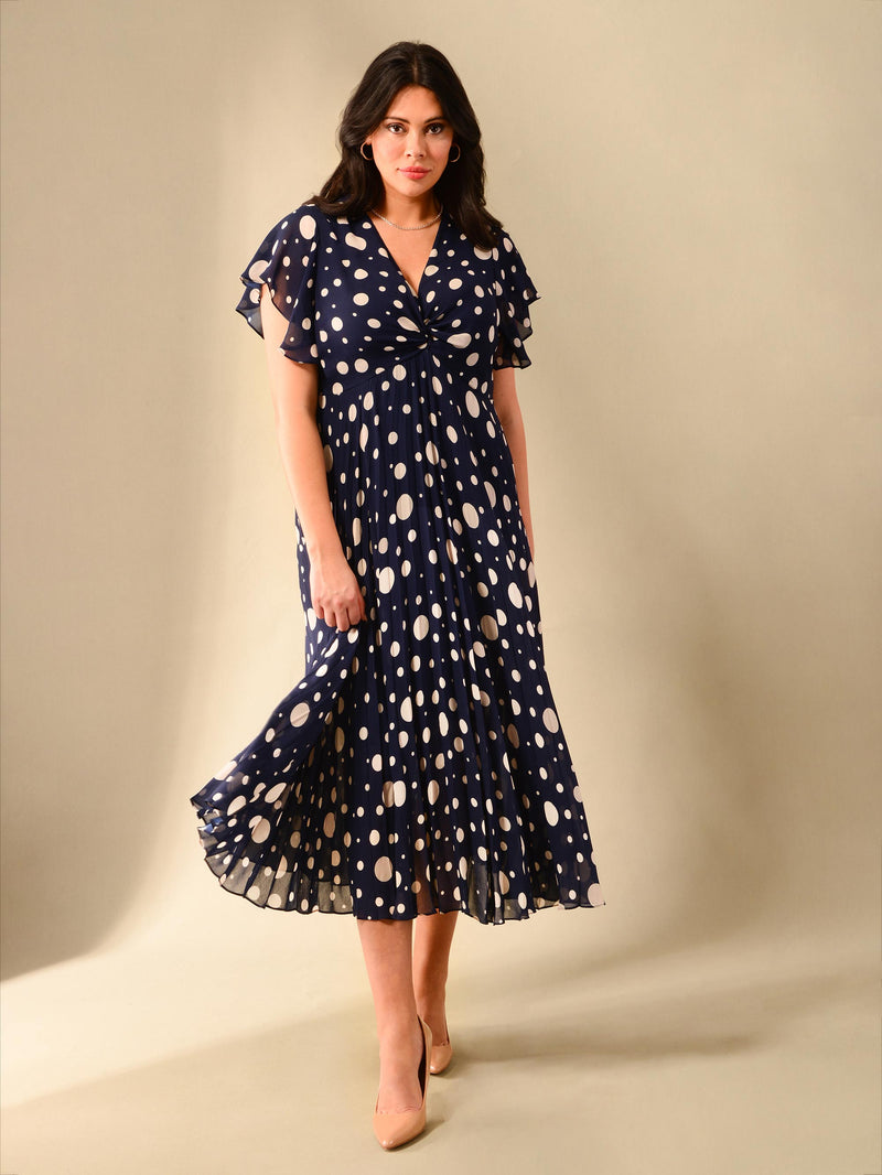 Navy & Ivory Spotted Knot Front Pleat Dress