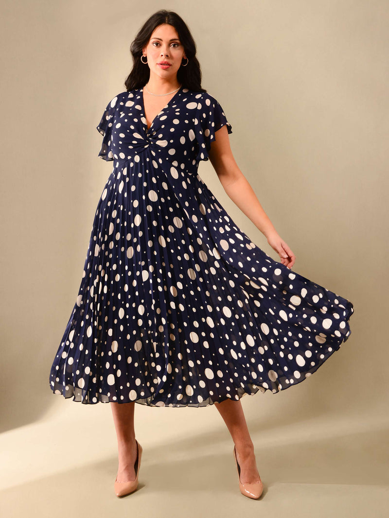 Navy & Ivory Spotted Knot Front Pleat Dress