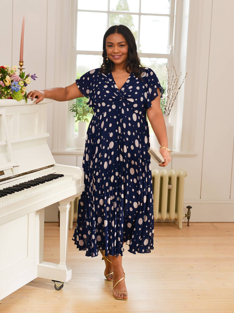 Navy & Ivory Spotted Knot Front Pleat Dress