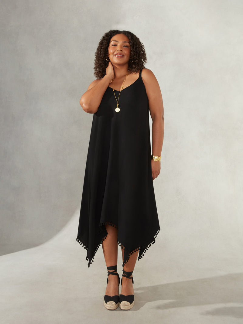 Black Hanky Hem Pom Pom Trim Sundress