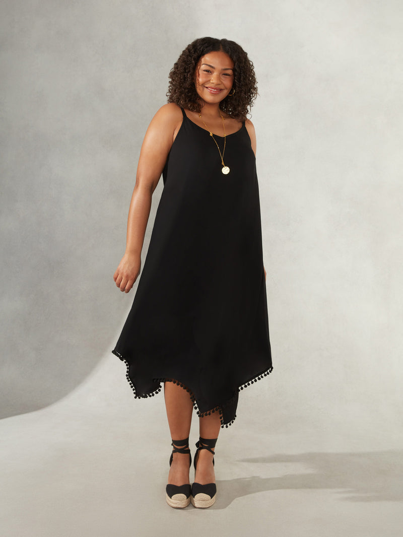 Black Hanky Hem Pom Pom Trim Sundress