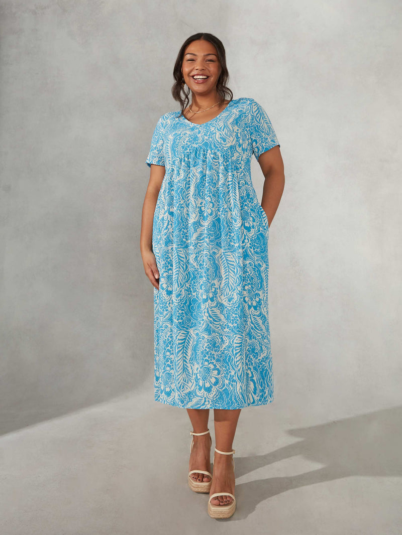 Textured Blue & Ivory Empire Midi Dress