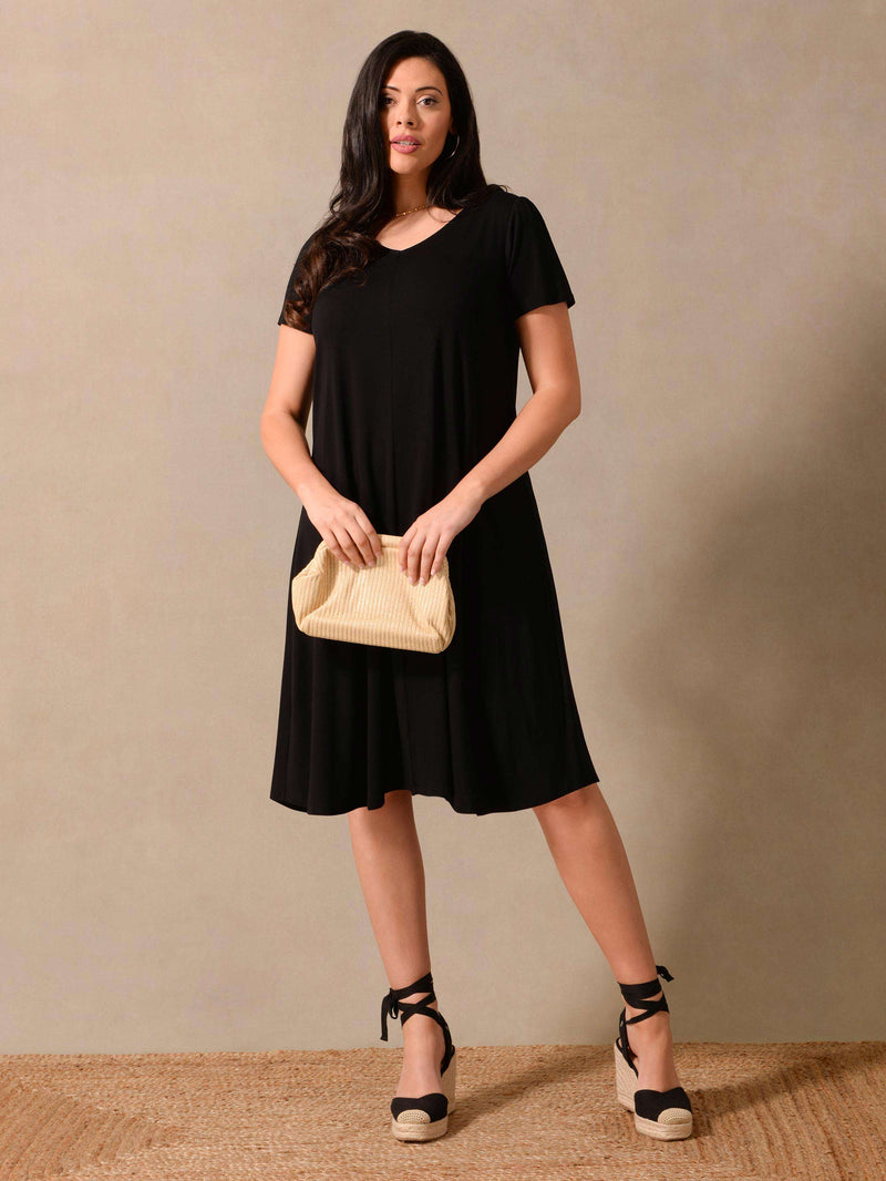 Black V-Neck Jersey Swing Dress
