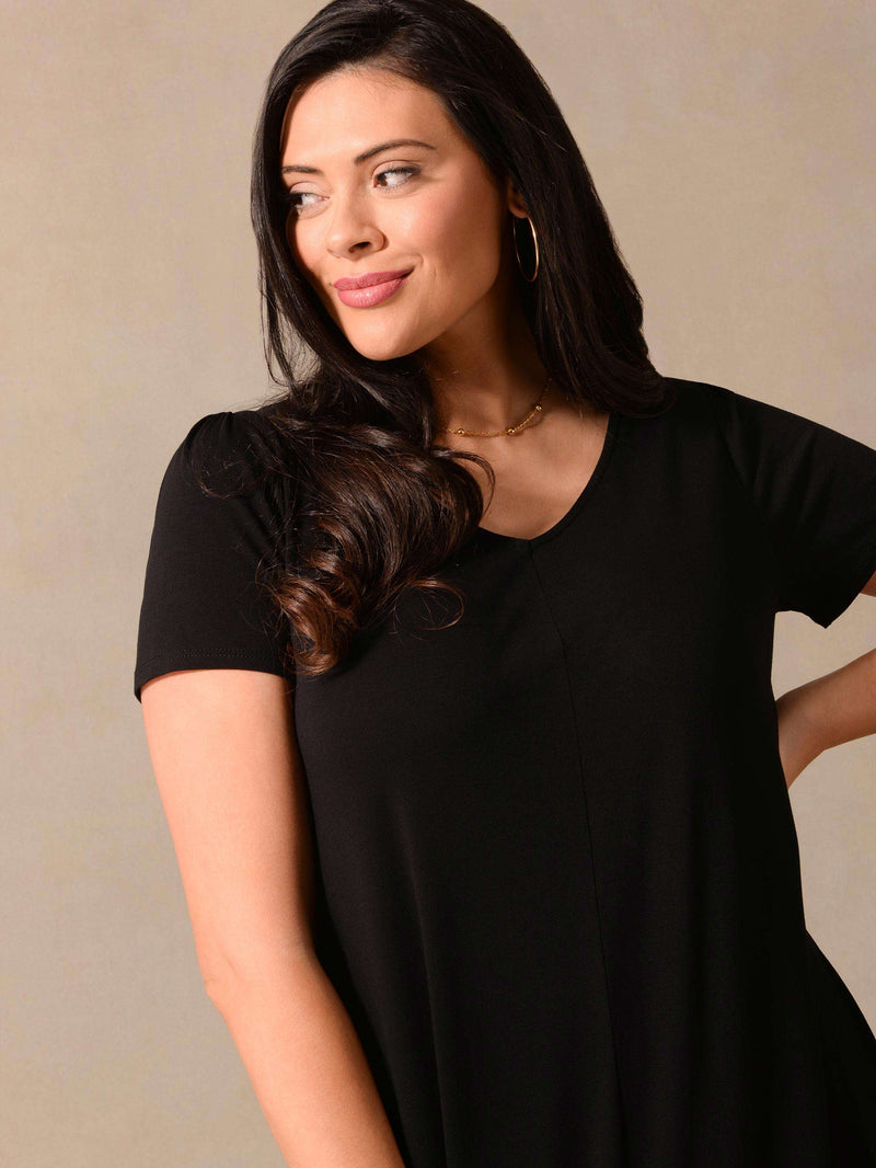 Black V-Neck Jersey Swing Dress