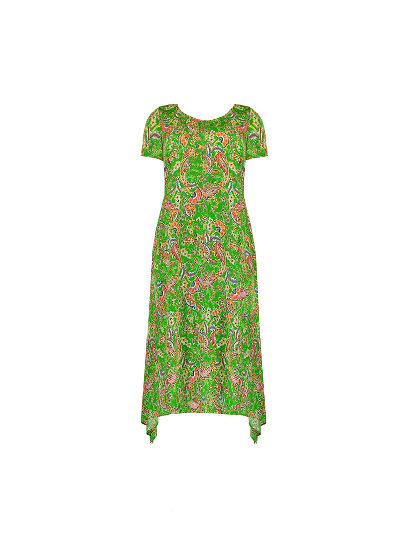 Green Paisley Print Cap Sleeve Midi Dress