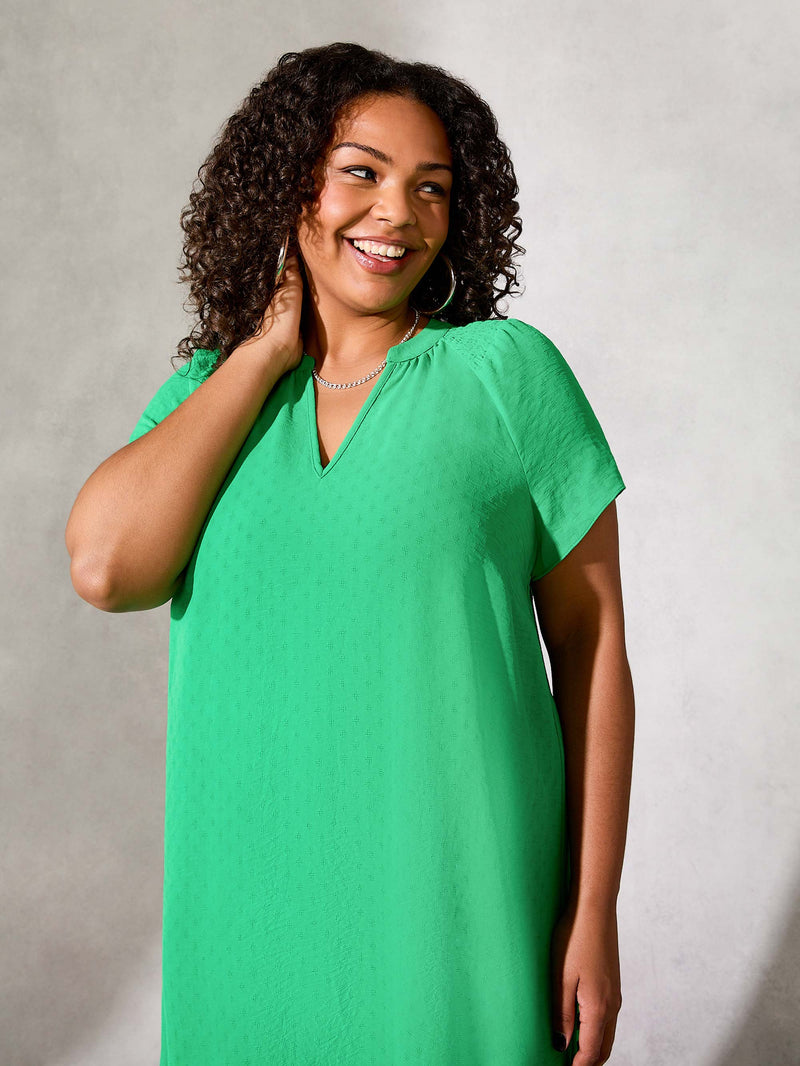 Green Jacquard Shirred Shoulder Dress
