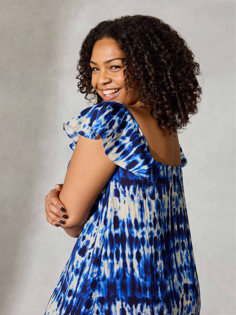Navy Tie Dye Frill Shoulder Sun Dress