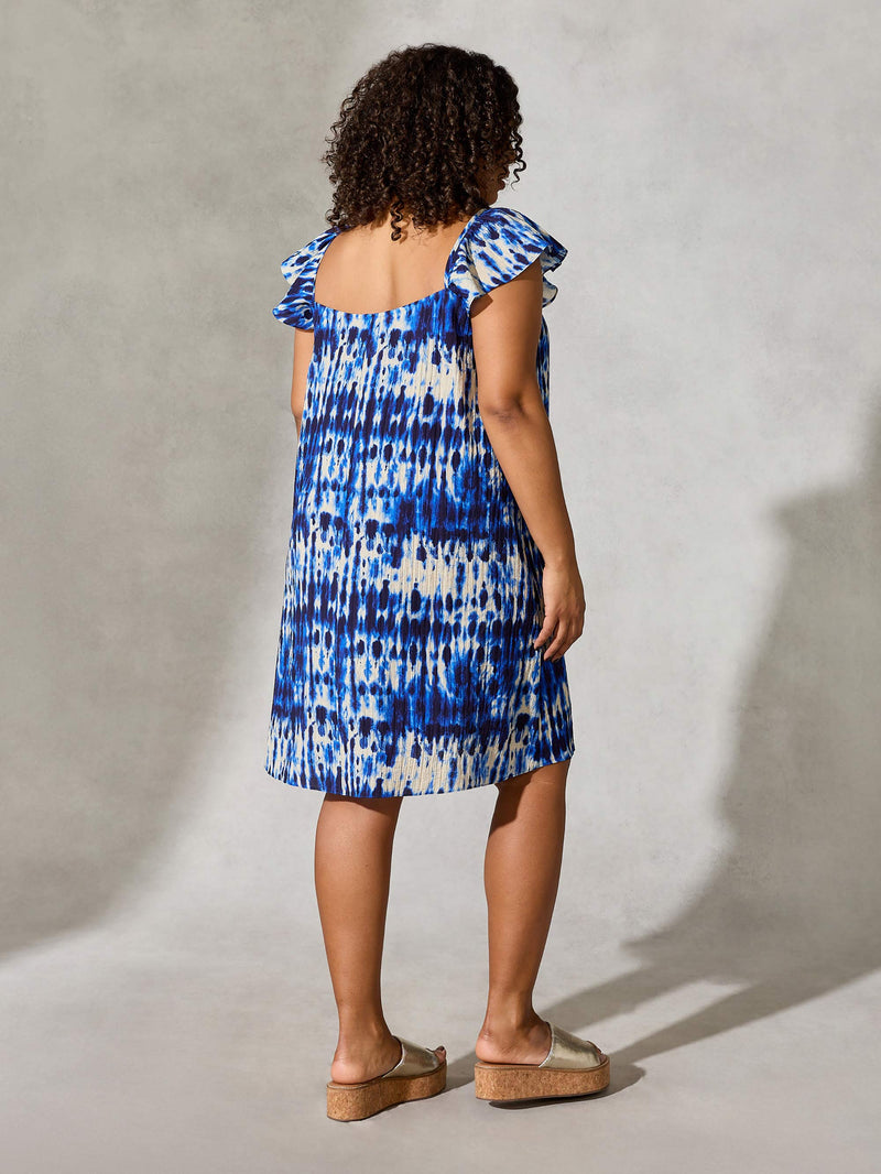 Navy Tie Dye Frill Shoulder Sun Dress