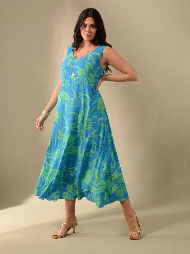 Blue & Green Floral Print Swing Maxi Dress