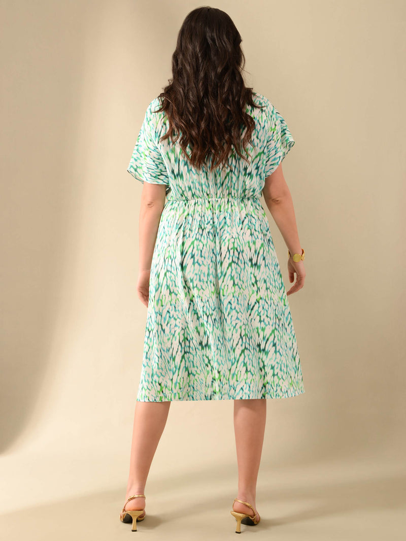 Green & Blue Animal Print Shirred Waist Dress
