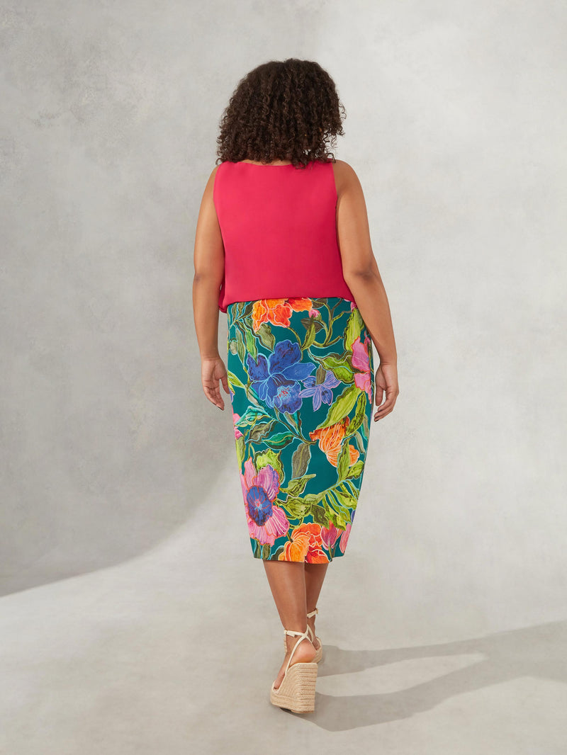 Tropical Print Wrap Tie Up Midi Skirt