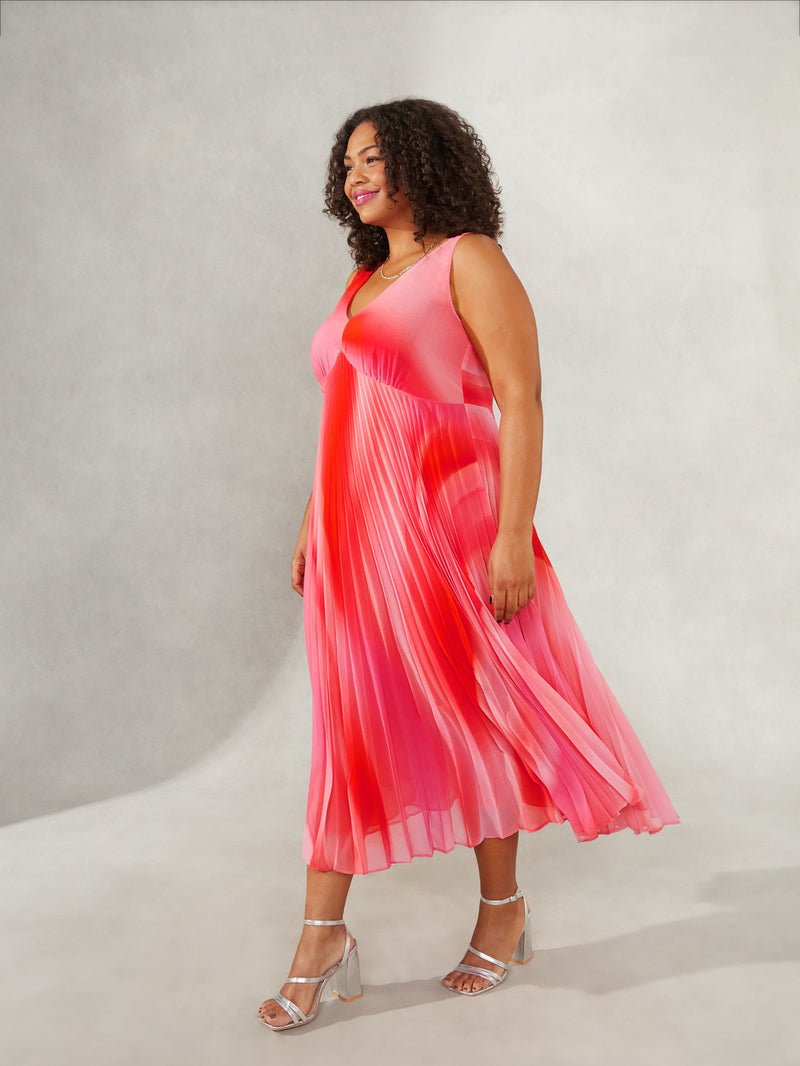 Pink Ombre Sunray Pleat Midaxi Dress