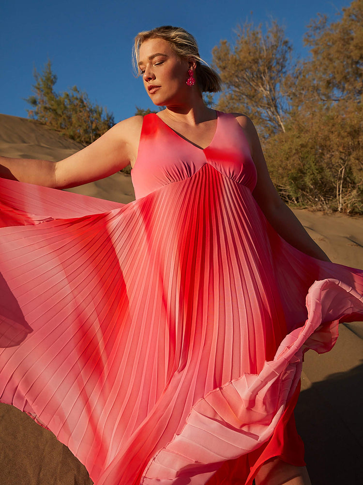 Pink Ombre Sunray Pleat Midaxi Dress