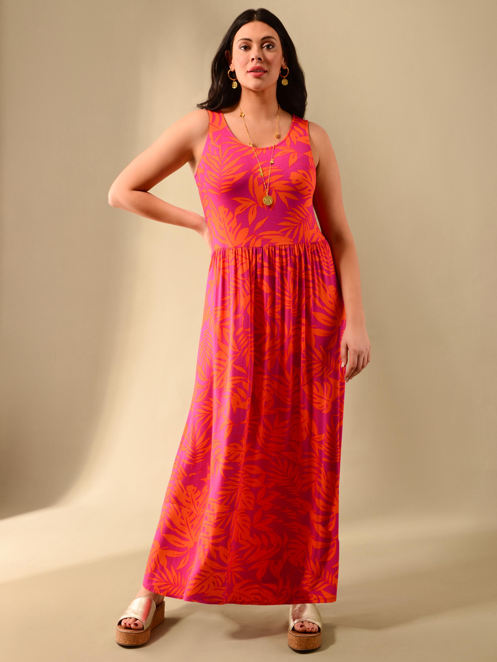 Orange Palm Print Jersey Maxi Dress