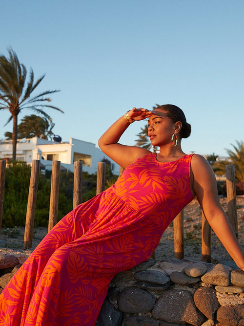 Orange Palm Print Jersey Maxi Dress