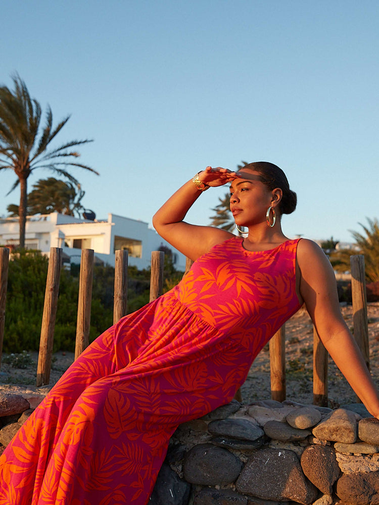 Orange Palm Print Jersey Maxi Dress