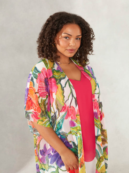 Multi Floral Print Longline Kimono