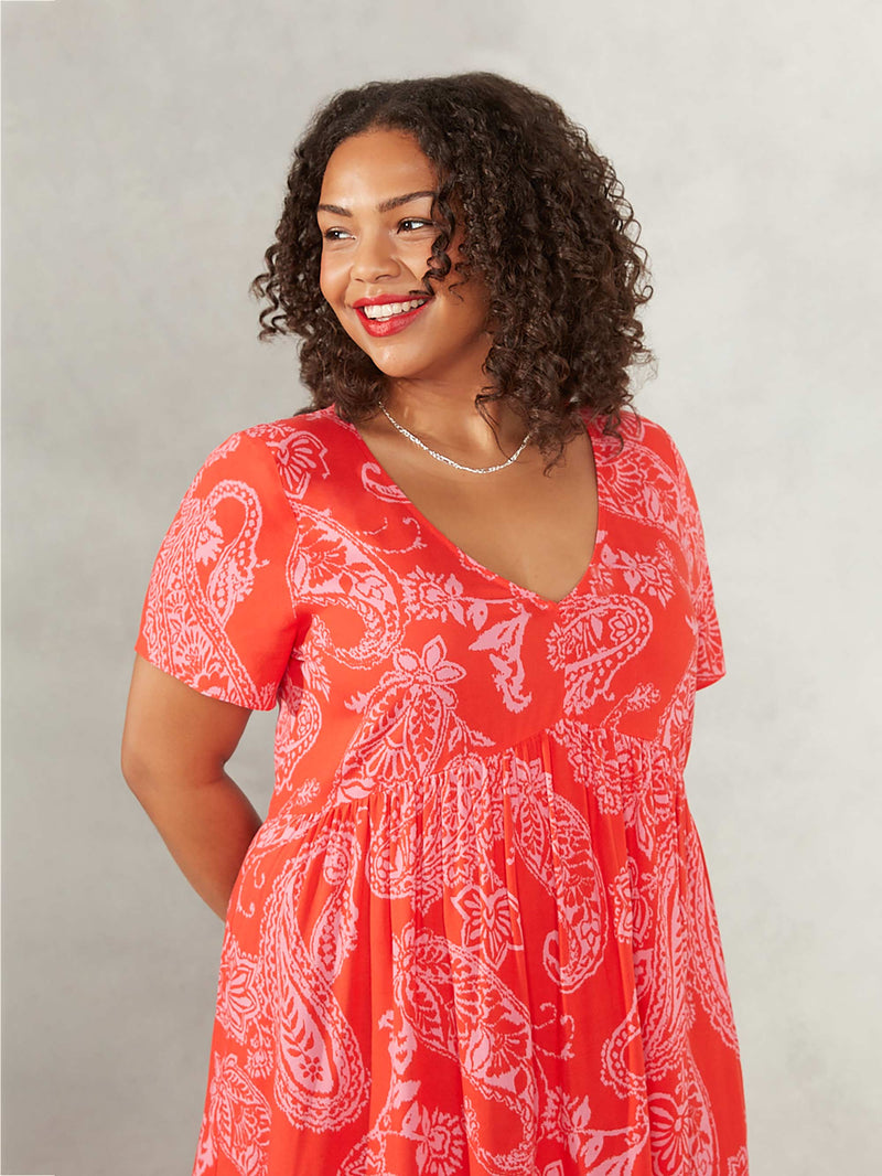 Red And Pink Paisley Print Tiered Dress