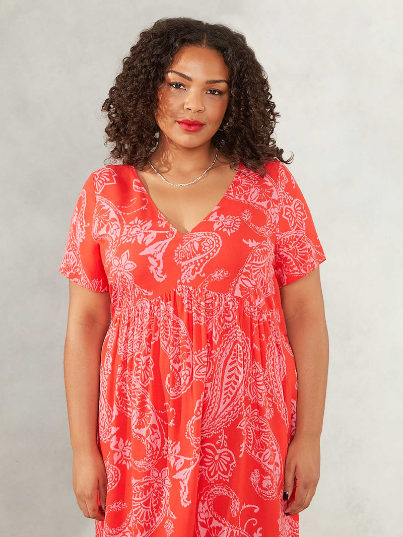 Red And Pink Paisley Print Tiered Dress